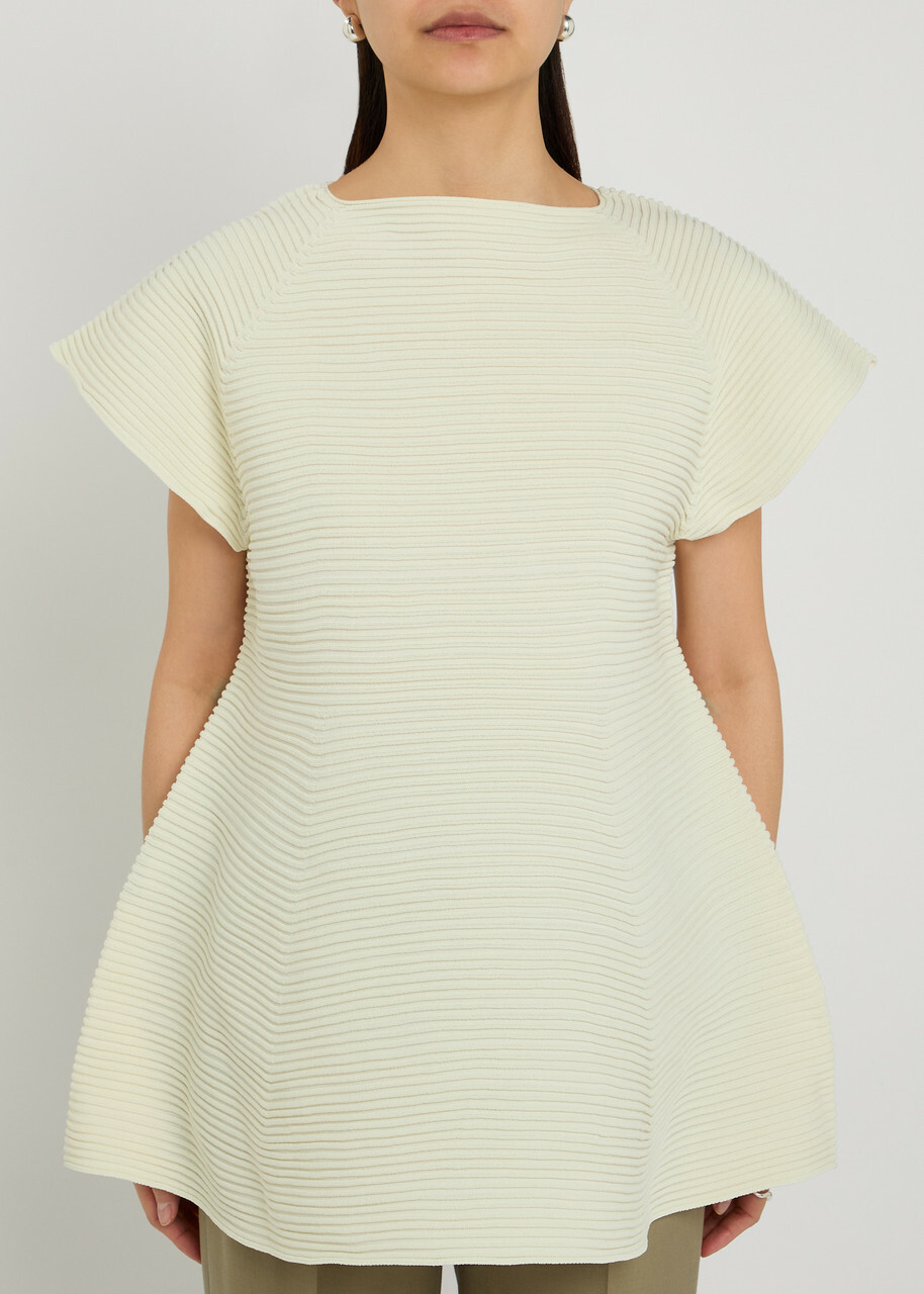Issey Miyake Ribbed-knit Peplum Mini Dress Off White