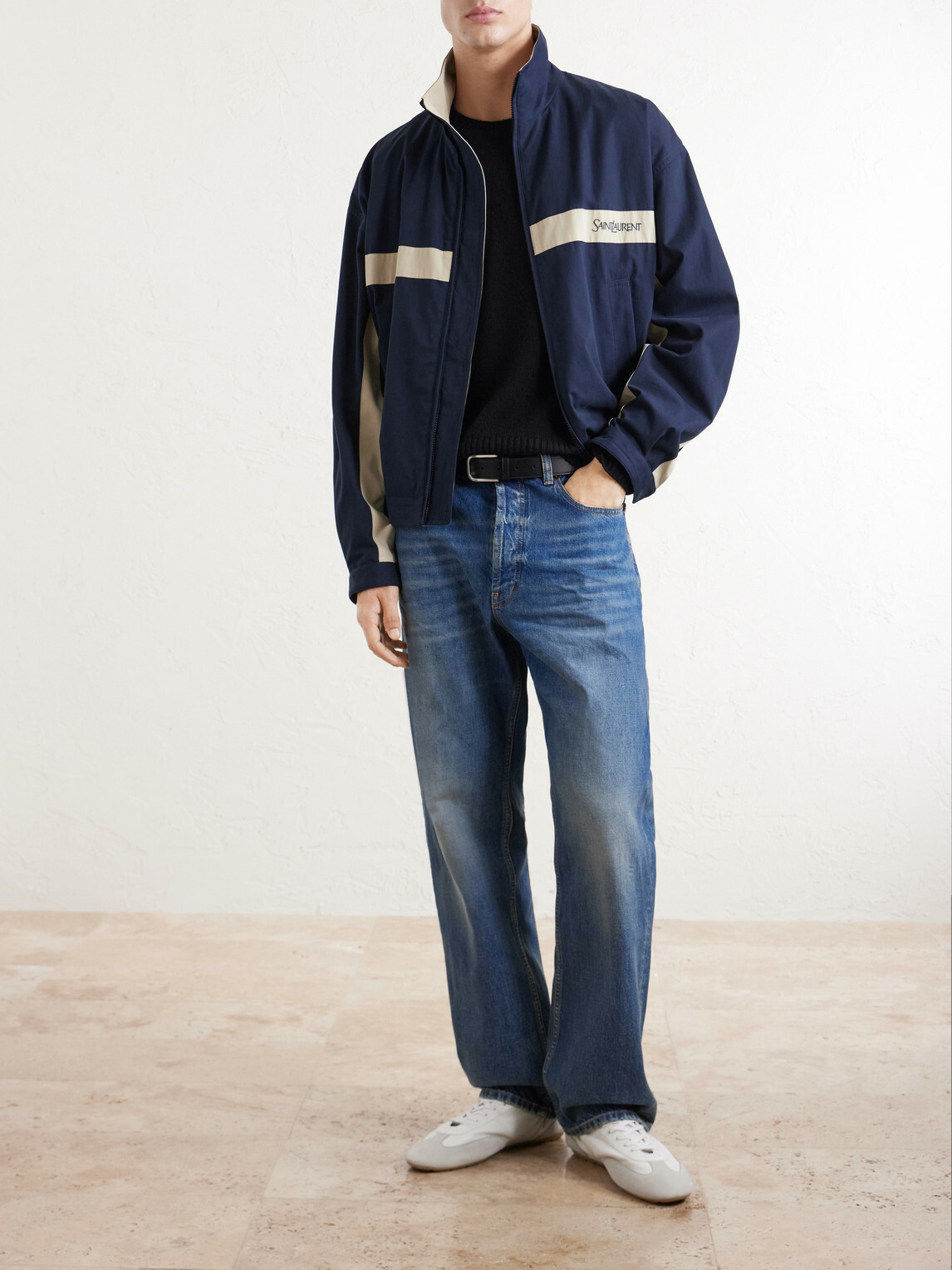 SAINT LAURENT - Panelled Logo-Embroidered Cassandre-Embellished Cotton Jacket - Blue