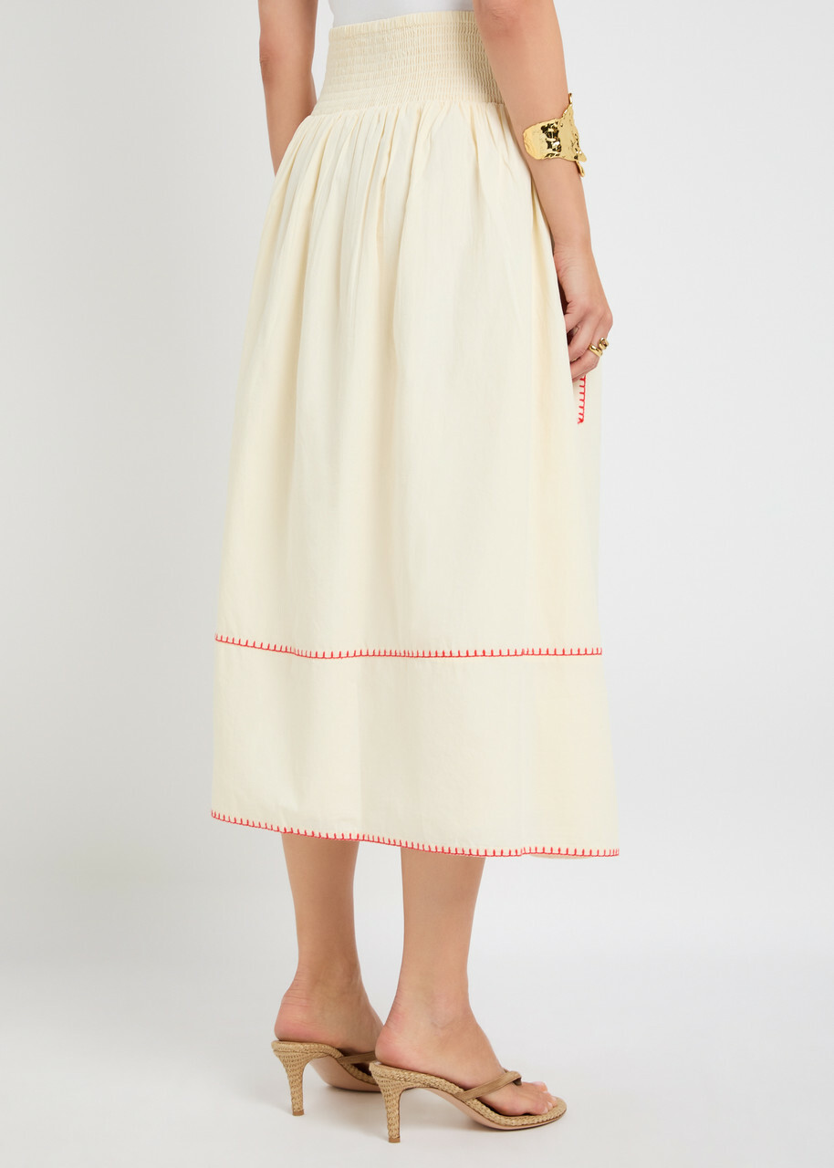 Never Fully Dressed Pollenca Embroidered Cotton Midi Skirt White