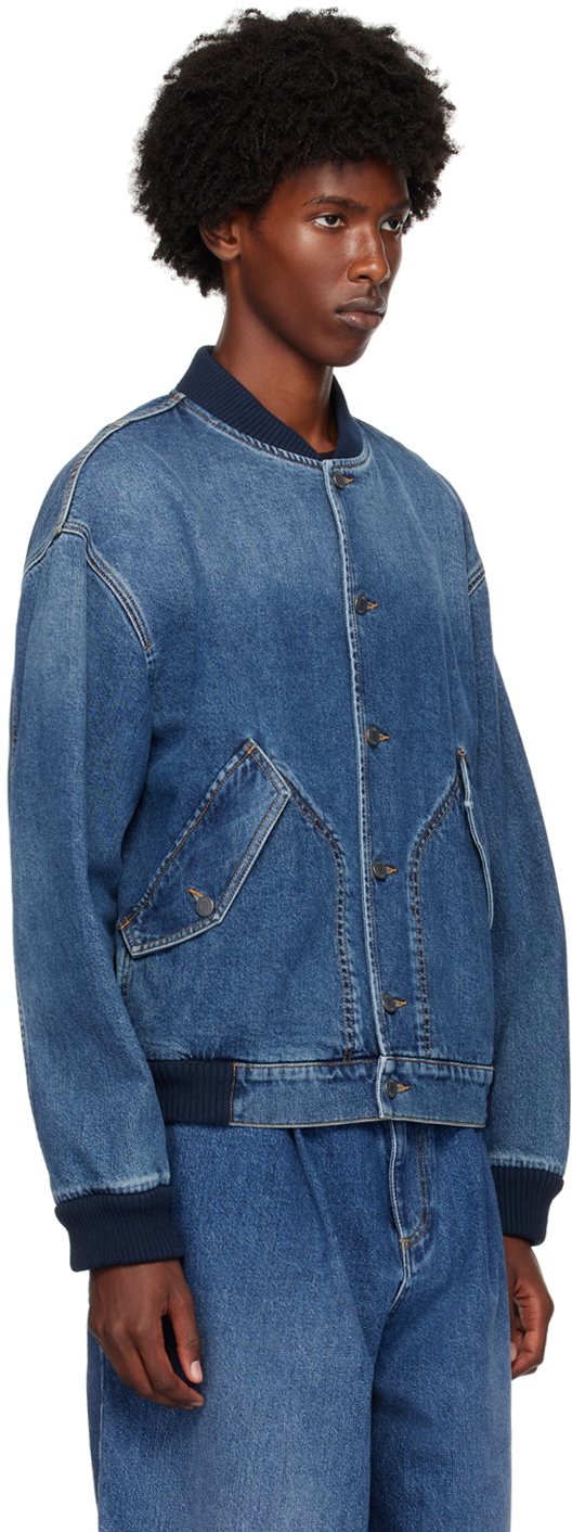 Moschino Blue Barcode Patch Denim Bomber Jacket