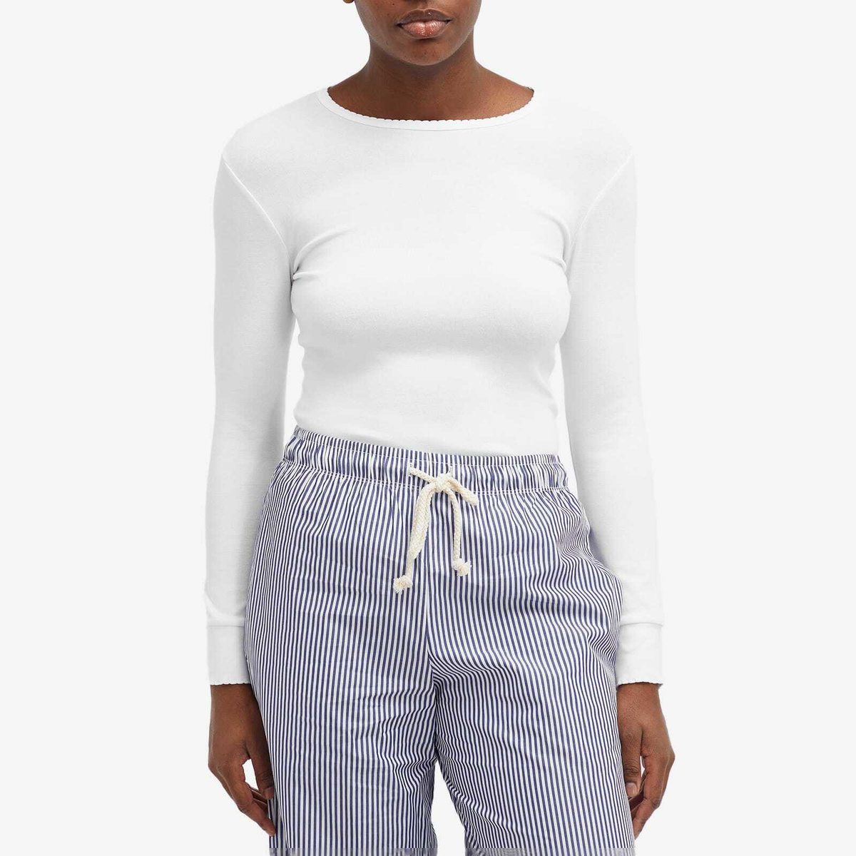 DONNI. Women's Baby Rib Scallop Long Sleeve Top in Powder
