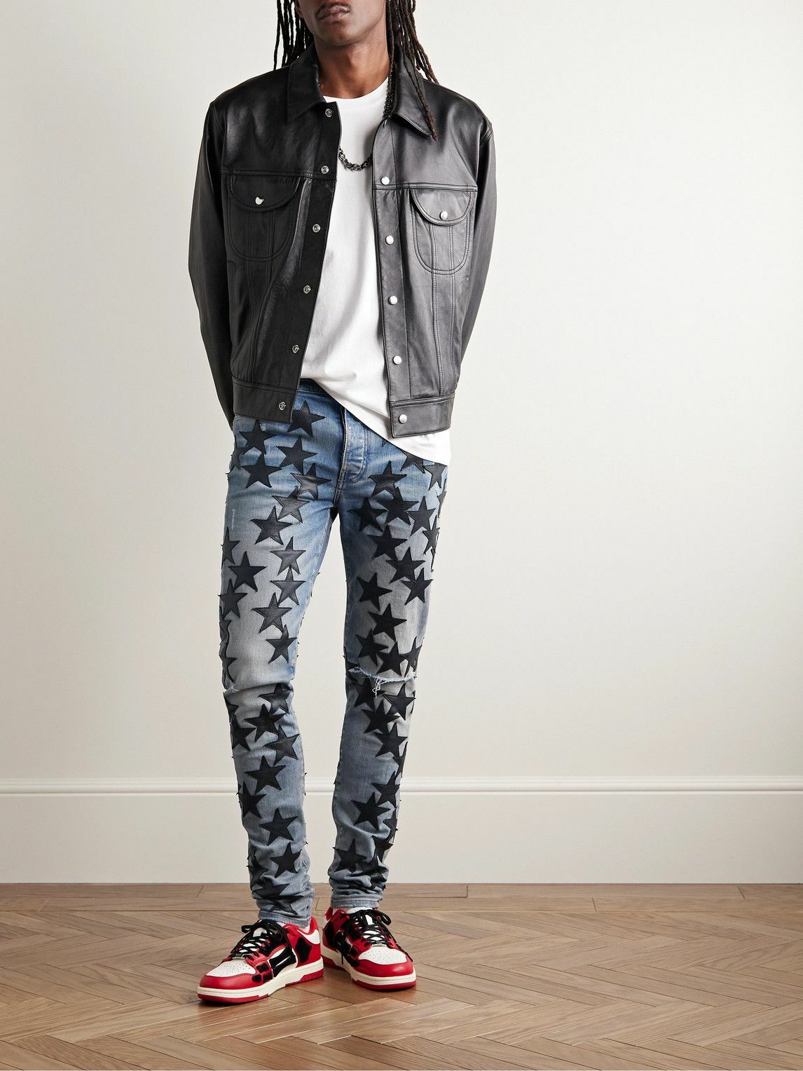 AMIRI - Chemist Skinny-Fit Leather-Appliquéd Distressed