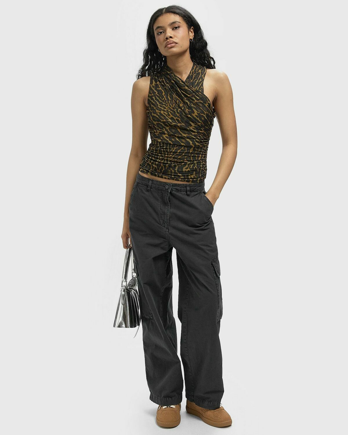 Ganni Printed Shiny Jersey Sleeveless Ruched Blouse black/brown Womens Tops & Tank