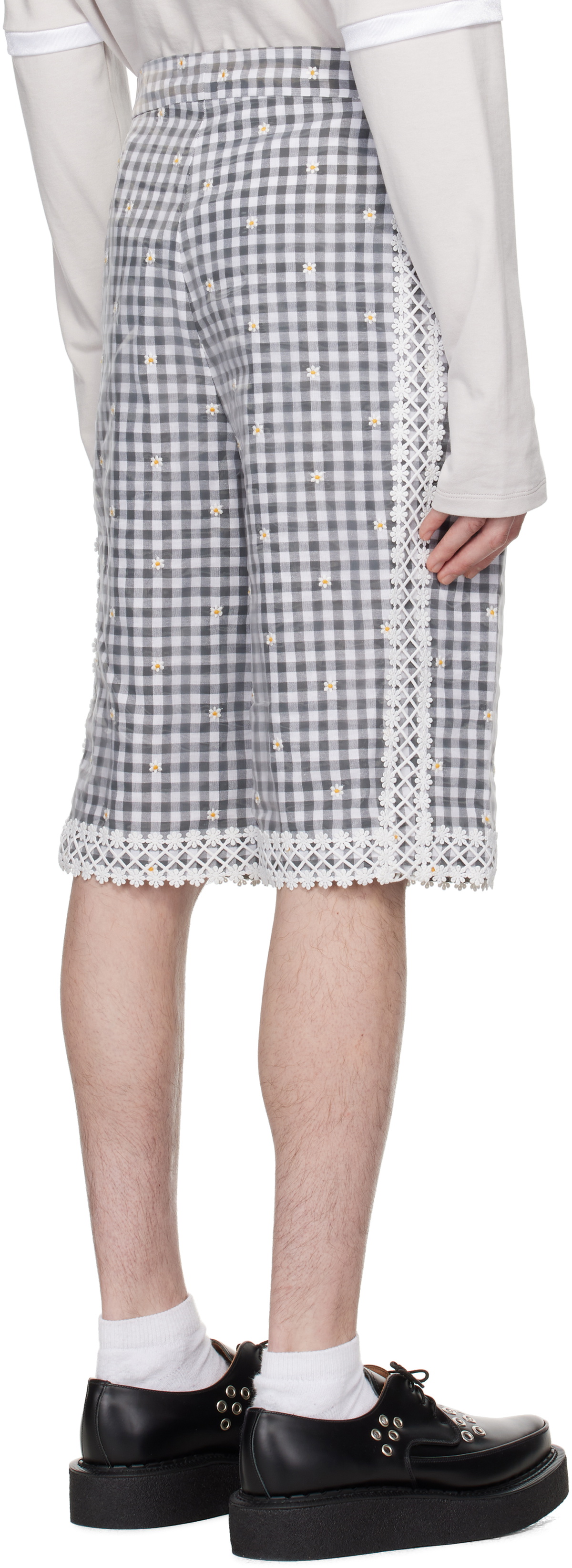 Anna Sui SSENSE Exclusive Black & Gray Daisy Embroidery On Gingham Shorts