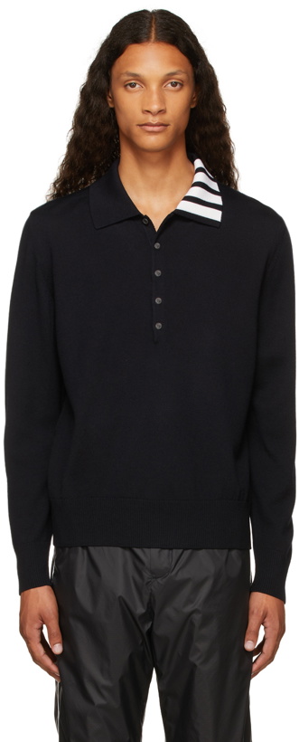 Photo: Thom Browne Navy 4-Bar Button-Up Sweater