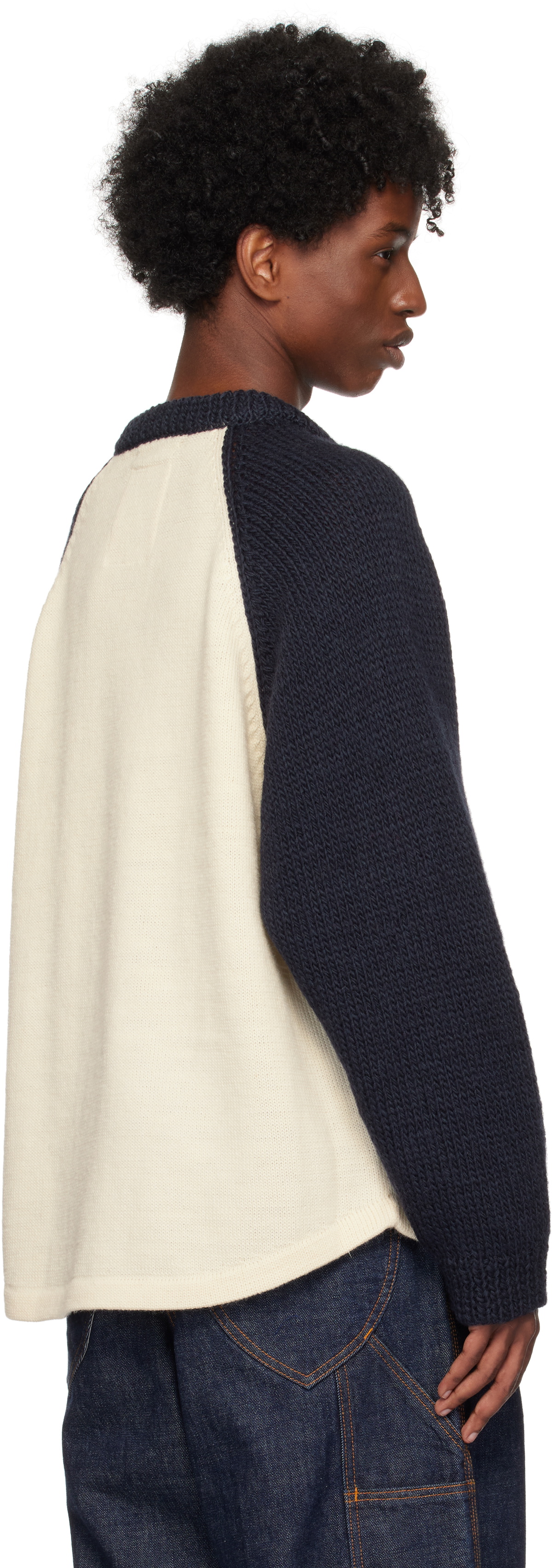 RICE NINE TEN Navy & Beige Hand Knitted Raglan Sweater