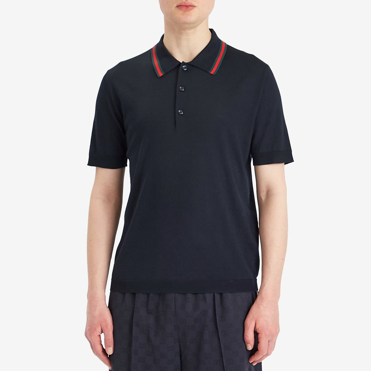 Gucci Men's Fine Gauge Wool Short Sleeve Polo Shirt in Ink/Green/Red