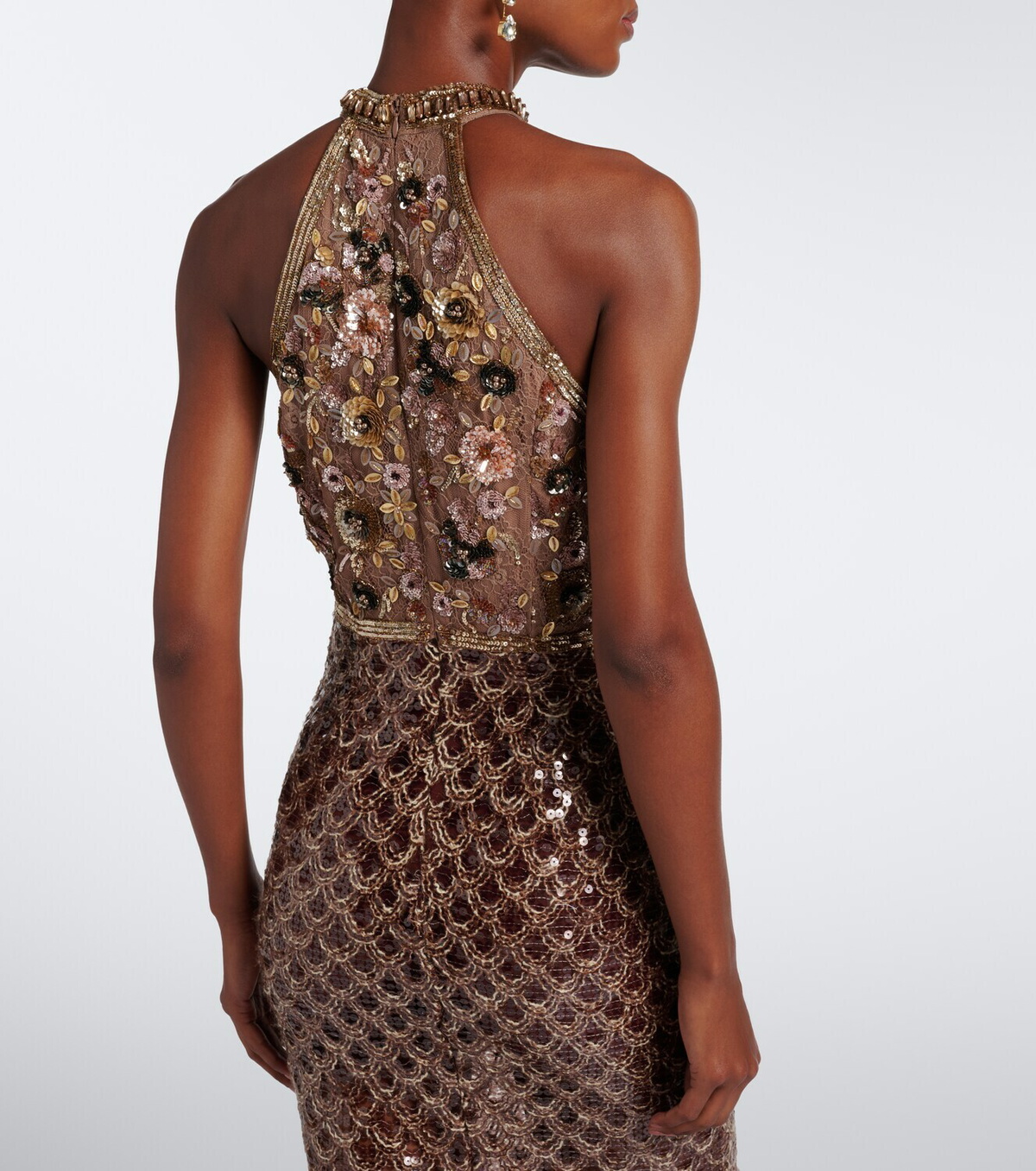Là Fuori Scales of Gold embellished halterneck gown
