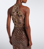 Là Fuori Scales of Gold embellished halterneck gown