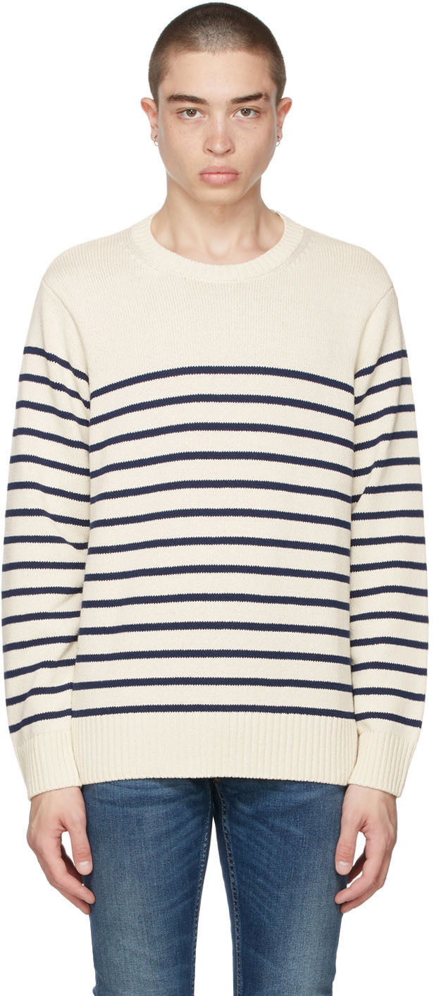 Nudie Jeans Off-White & Navy Striped Hampus Sweater Nudie Jeans Co