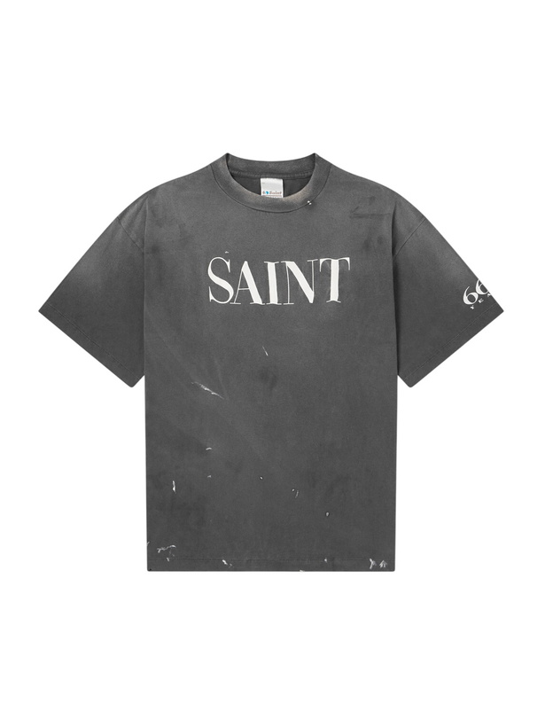 Photo: SAINT MXXXXXX - Logo-Print Paint-Splattered Cotton-Jersey T-Shirt - Black
