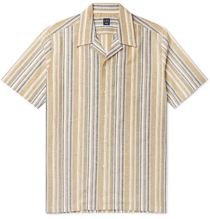 Photo: Beams F - Camp-Collar Striped Cotton and Linen-Blend Shirt - Yellow