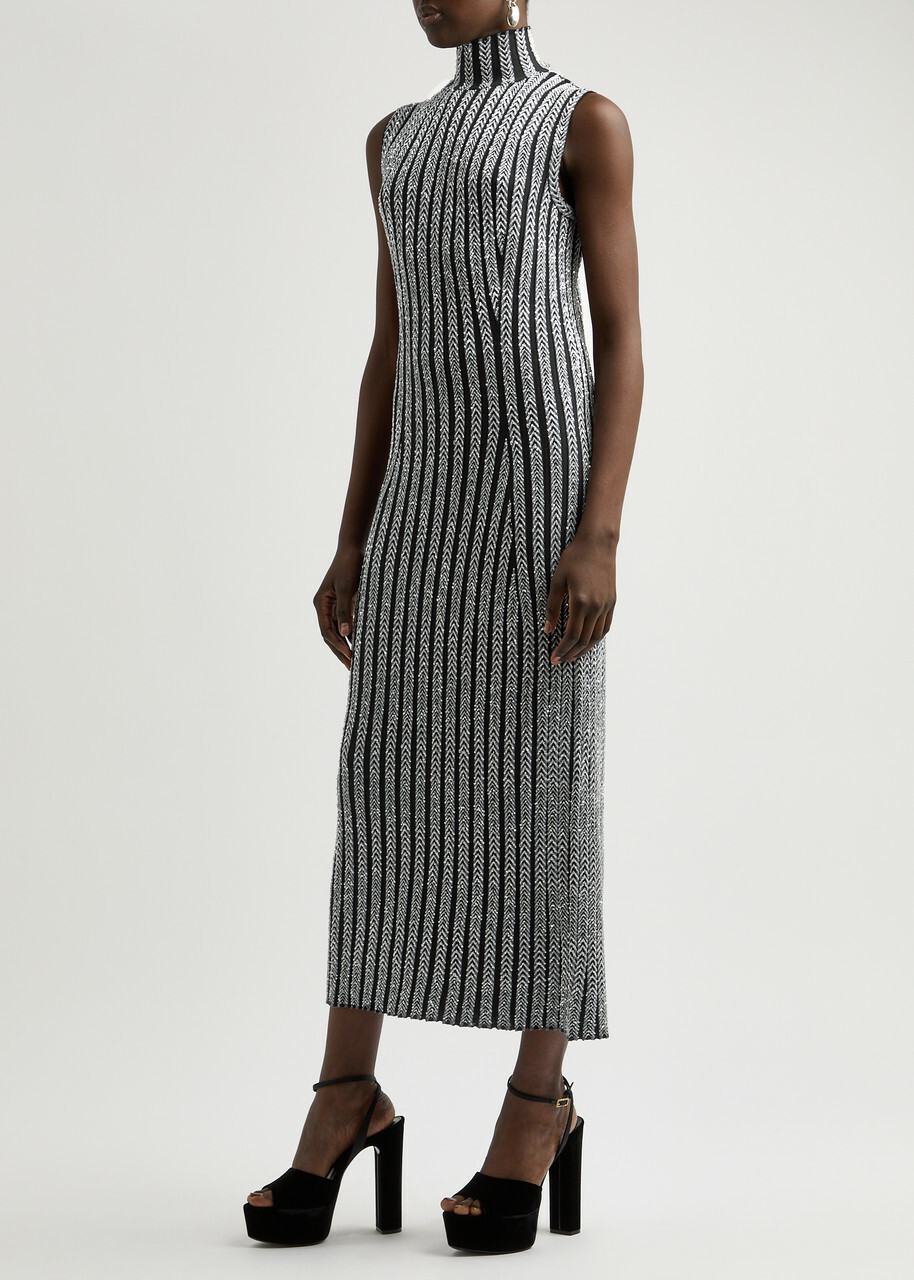 striped sequin midi dress Shoshanna Kirara Strapless Striped Sequin Midi Dress