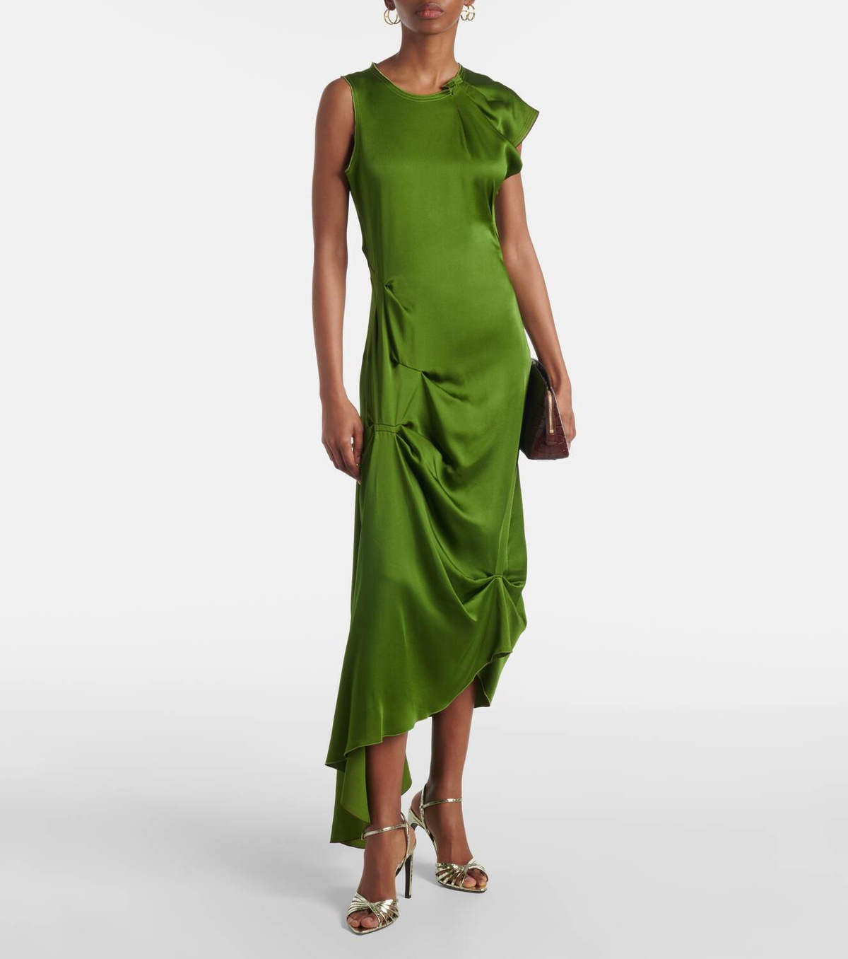 victoria beckham green silk dress VICTORIA BECKHAM Asymmetric draped satin midi dress