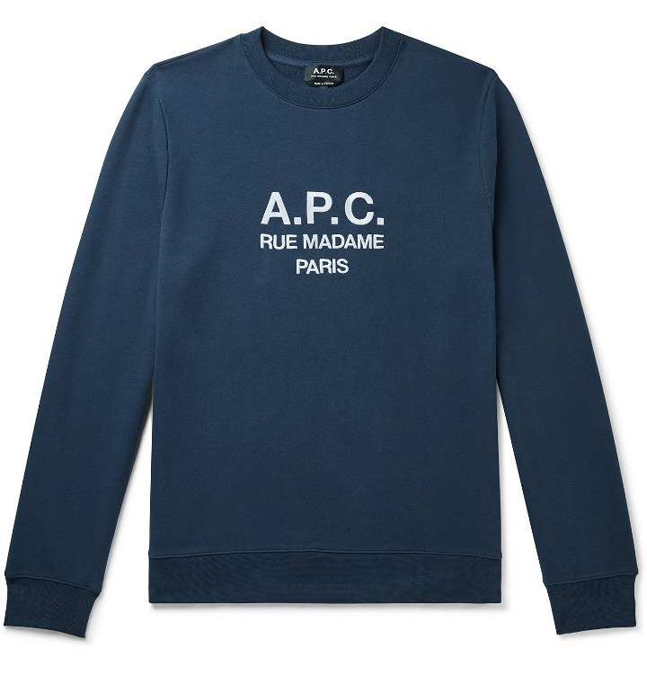 Photo: A.P.C. - Rufus Logo-Embroidered Loopback Cotton-Jersey Sweatshirt - Blue