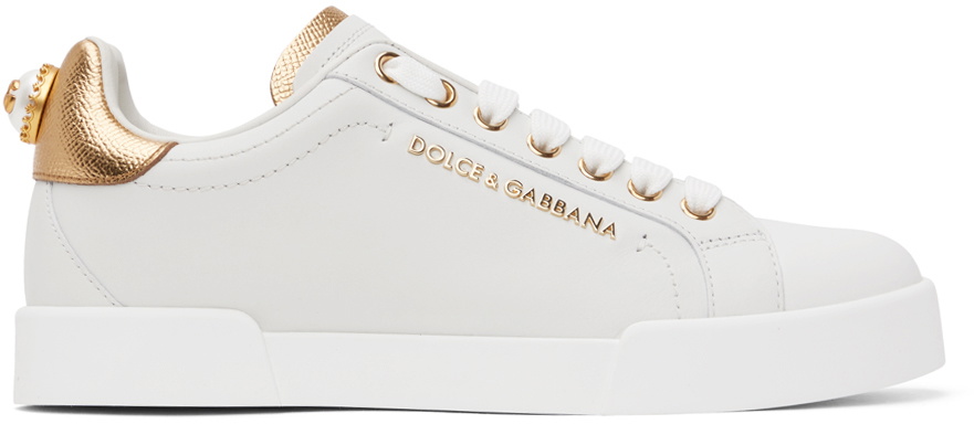 Dolce & Gabbana White & Gold Portofino Low Sneakers