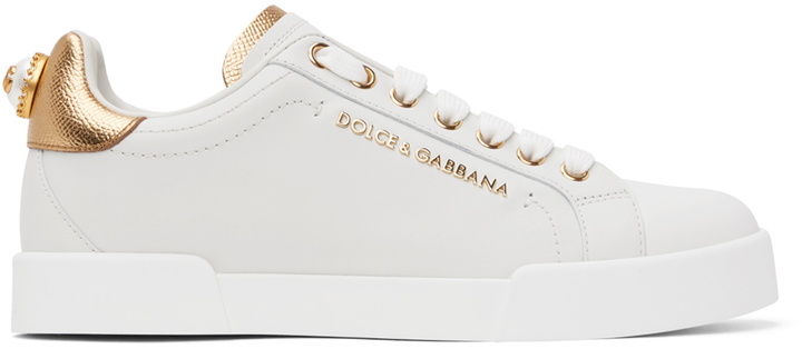 Photo: Dolce & Gabbana White & Gold Portofino Low Sneakers