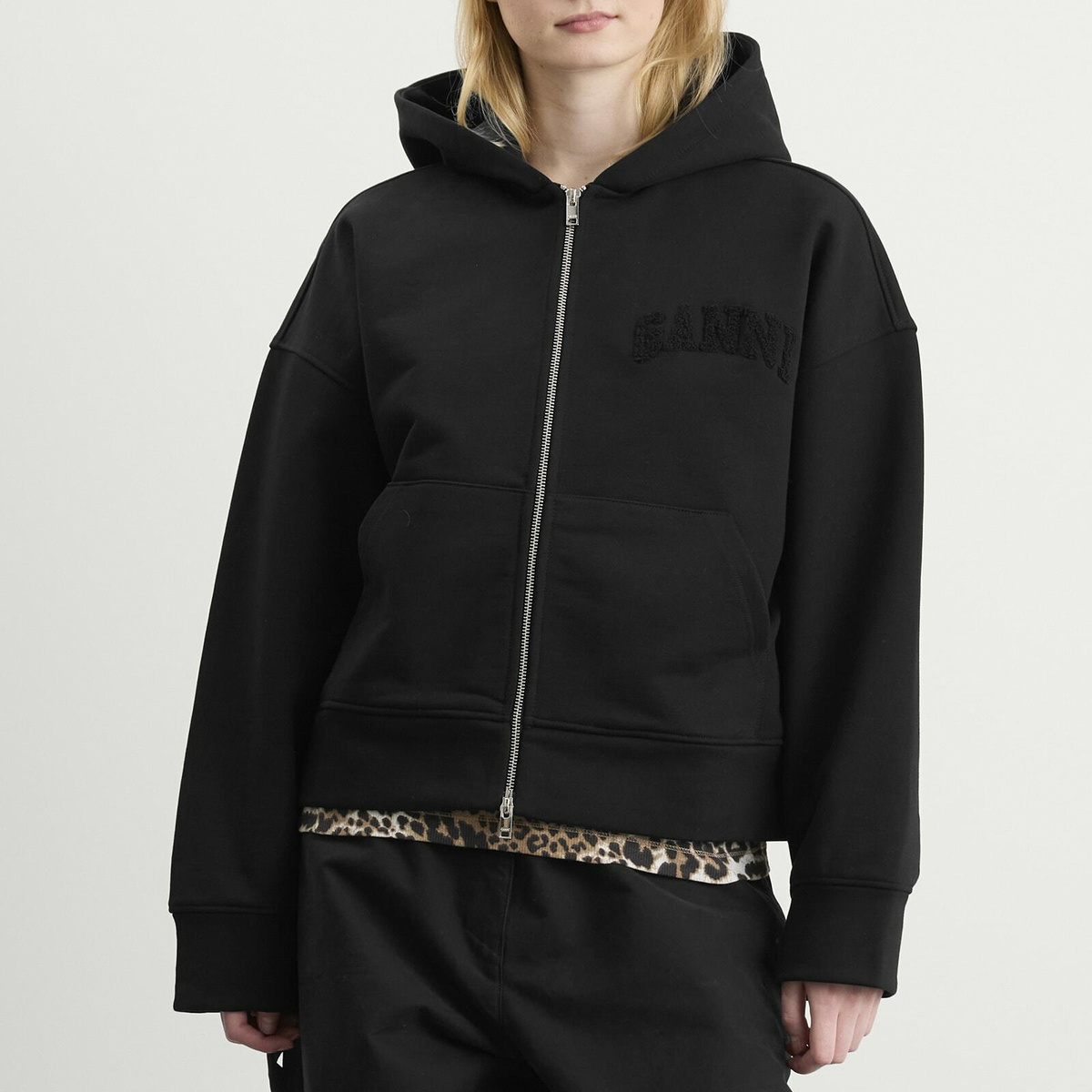 GANNI Women's Heavy Terry Jersey Zip Hoodie in Black