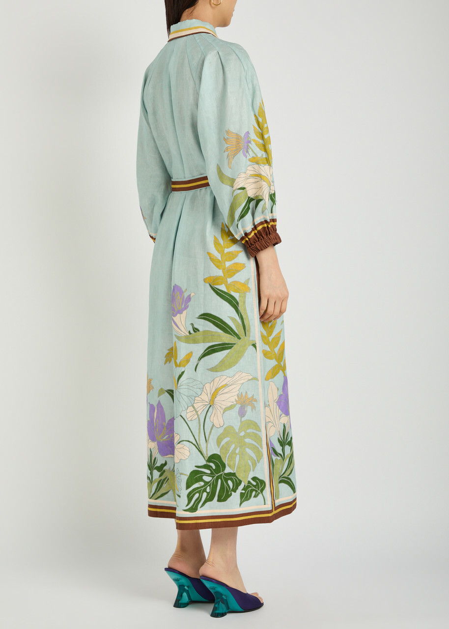 Alemais Alfie Belted Printed Linen Midi Shirt Dress Blue