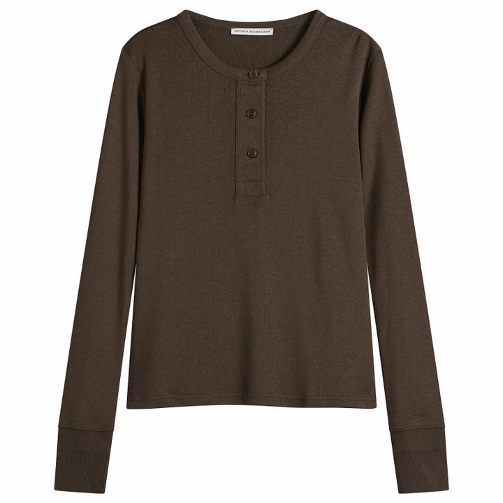 Photo: Studio Nicholson Women's Roane Long Sleeve Henley in Espresso