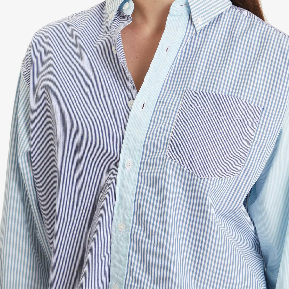 Beams Boy Women's Stripe Patchwork Long Sleeve Shirt in Blue