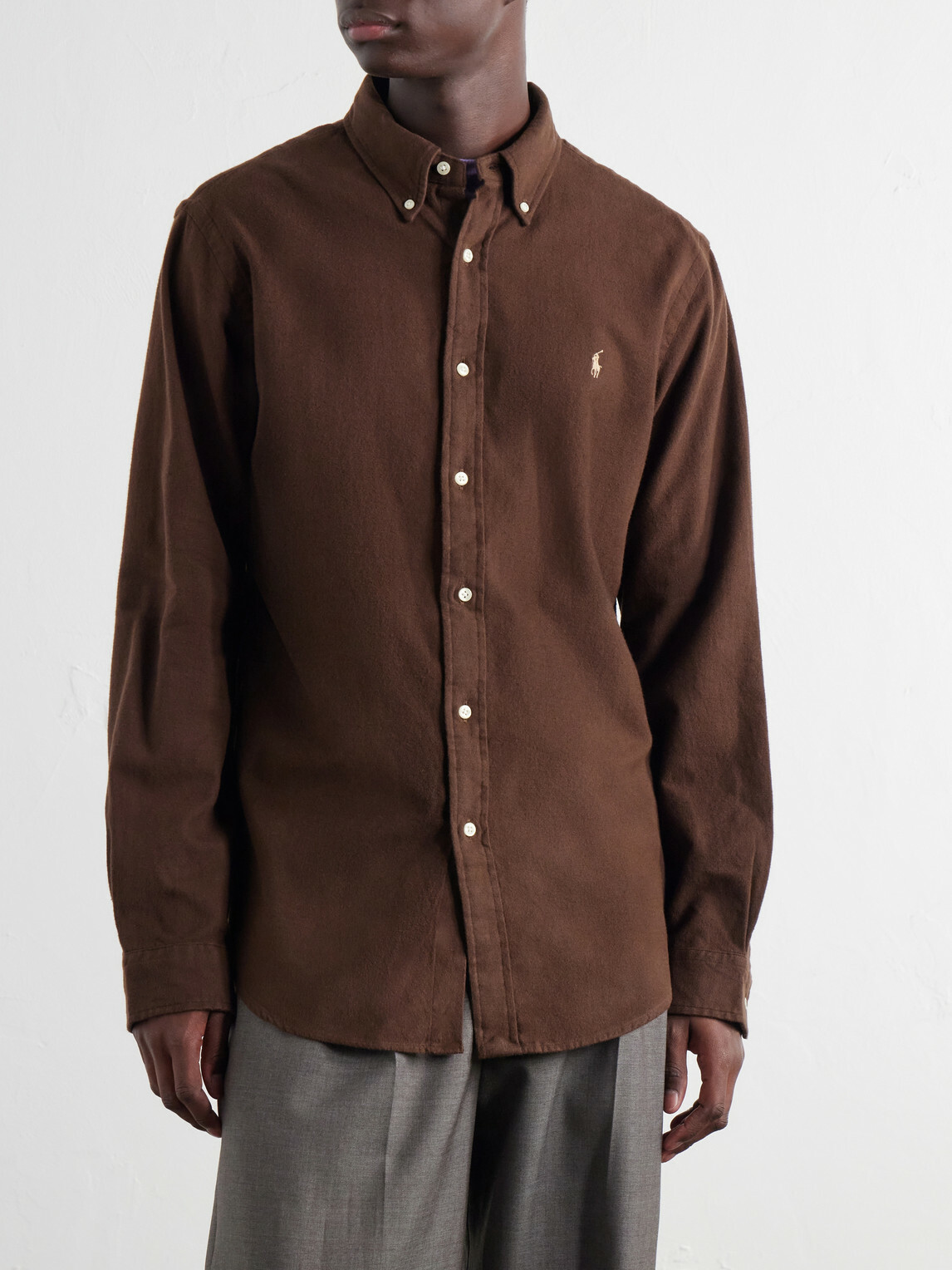 Polo Ralph Lauren - Button-Down Collar Logo-Embroidered Cotton-Flannel Shirt - Brown
