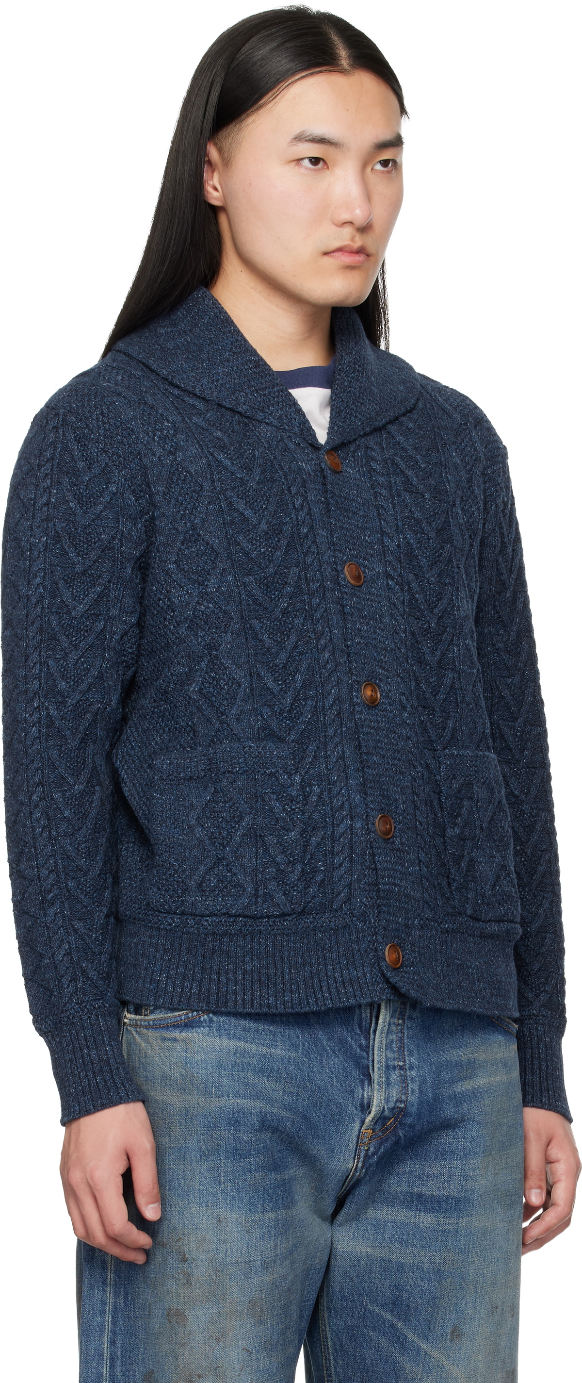 RRL Navy Aran-Knit Cotton Cardigan