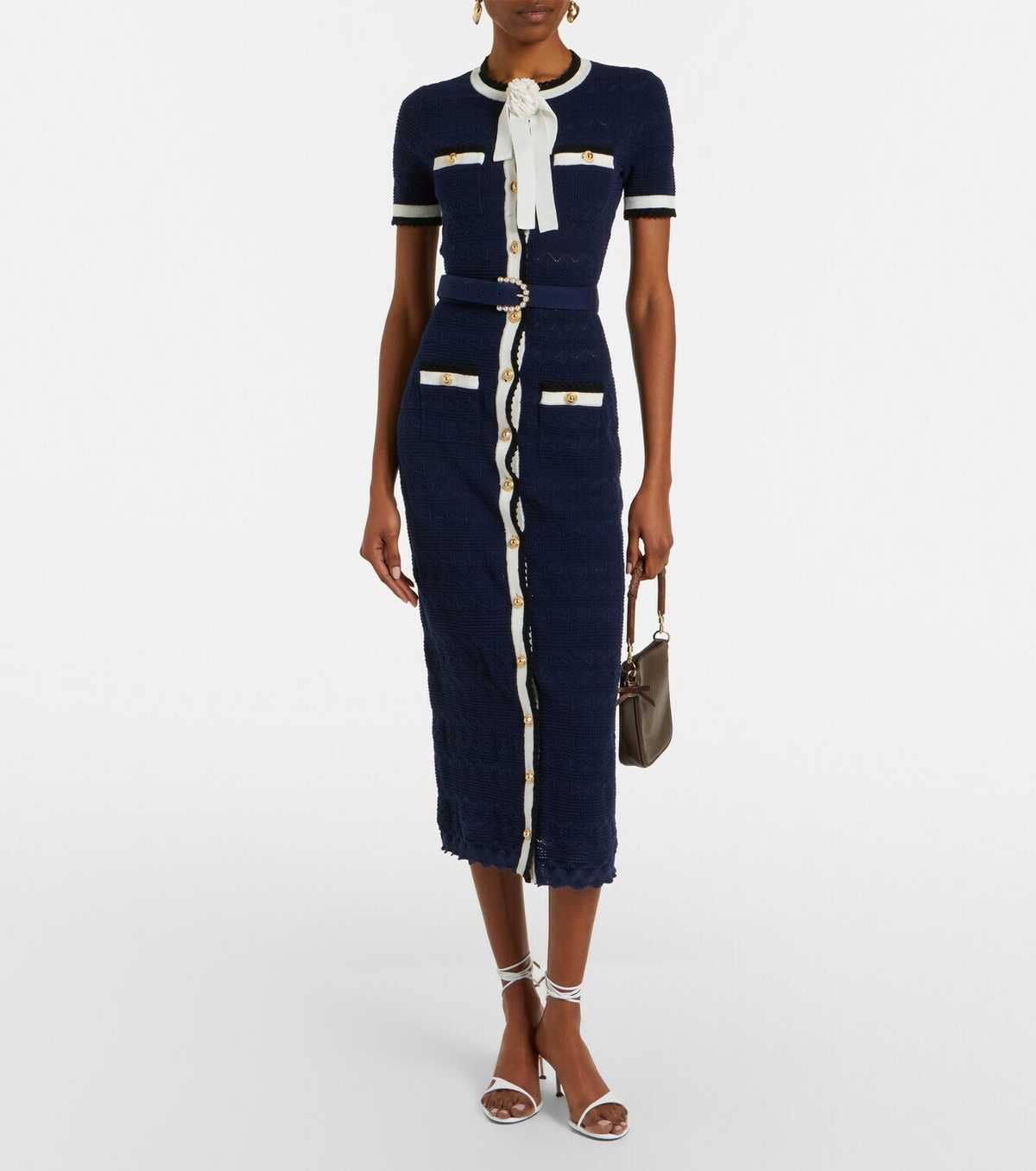 Self-Portrait Bow-detail pointelle cotton-blend midi dress