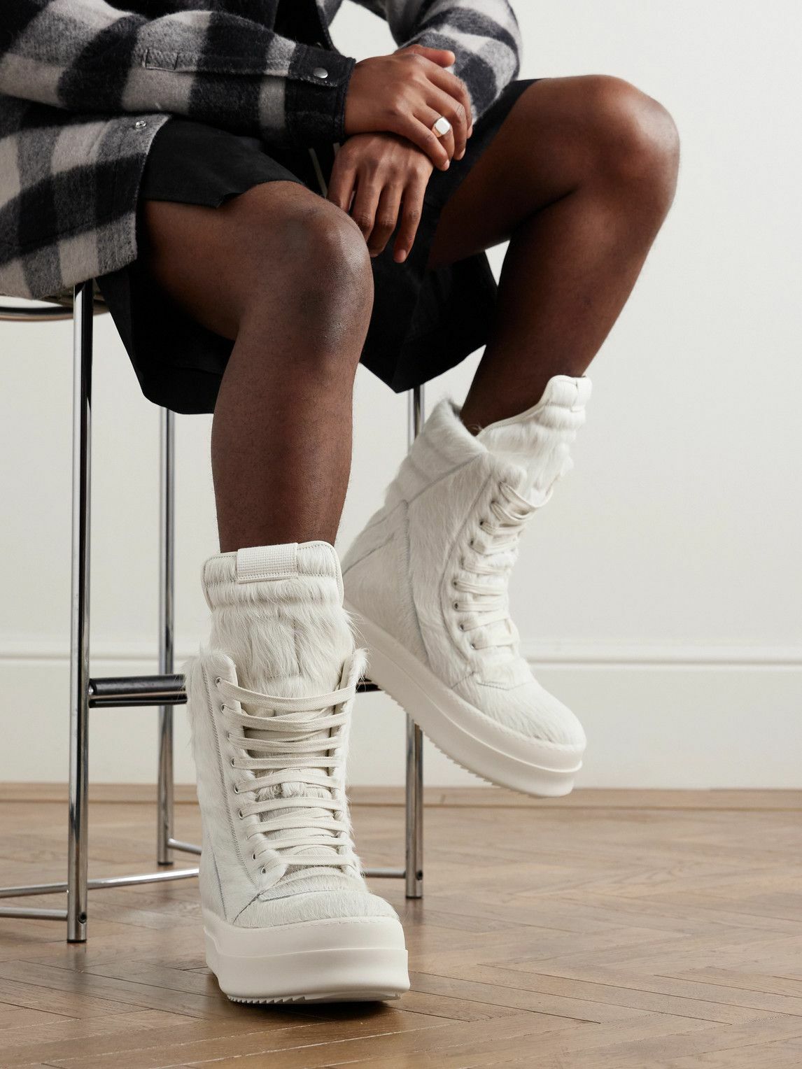 Rick Owens - Mega Geobasket Calf Hair High-Top Sneakers - Neutrals