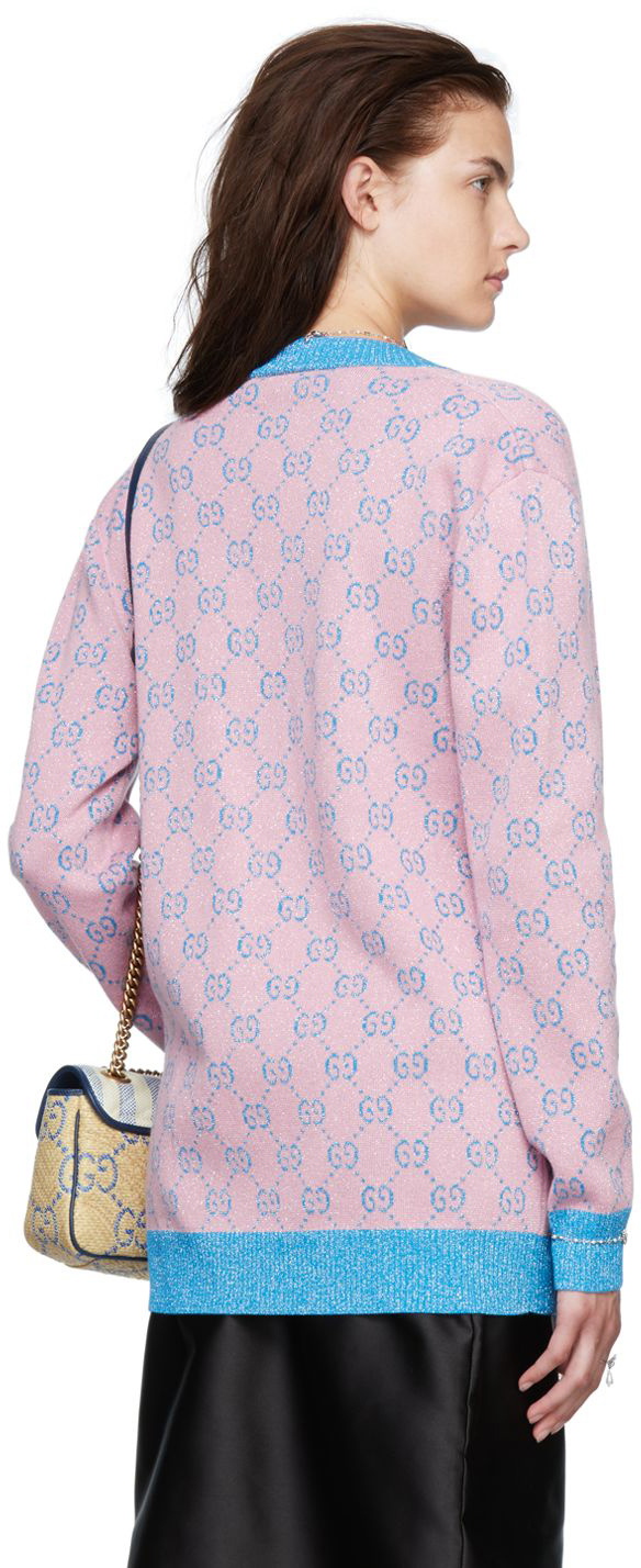 GG wool bouclé jacquard cardigan in light pink and white