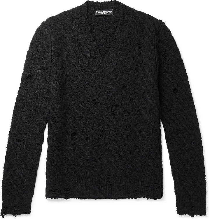 Photo: Dolce & Gabbana - Slim-Fit Distressed Virgin Wool-Blend Sweater - Black