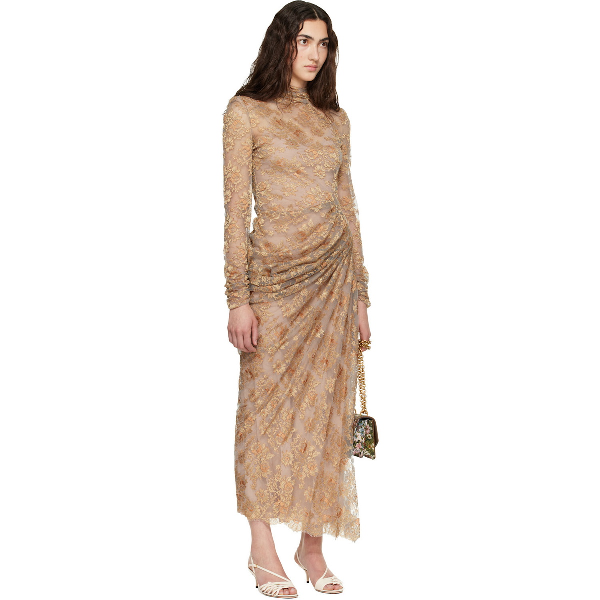 Valentino Beige Feather Lace Maxi Dress
