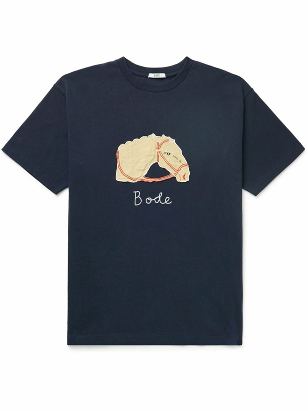Photo: BODE - Logo-Embroidered Appliquéd Cotton-Jersey T-Shirt - Blue