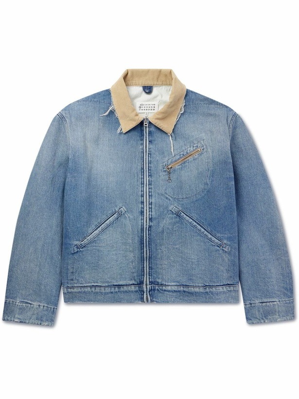 Photo: Maison Margiela - Distressed Corduroy-Trimmed Denim Jacket - Blue
