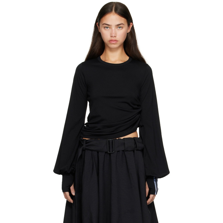 Photo: Y-3 Black Wool Cinched Drape Long Sleeve T-shirt