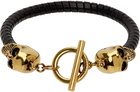Alexander McQueen Black & Gold T Bar Skull Bracelet