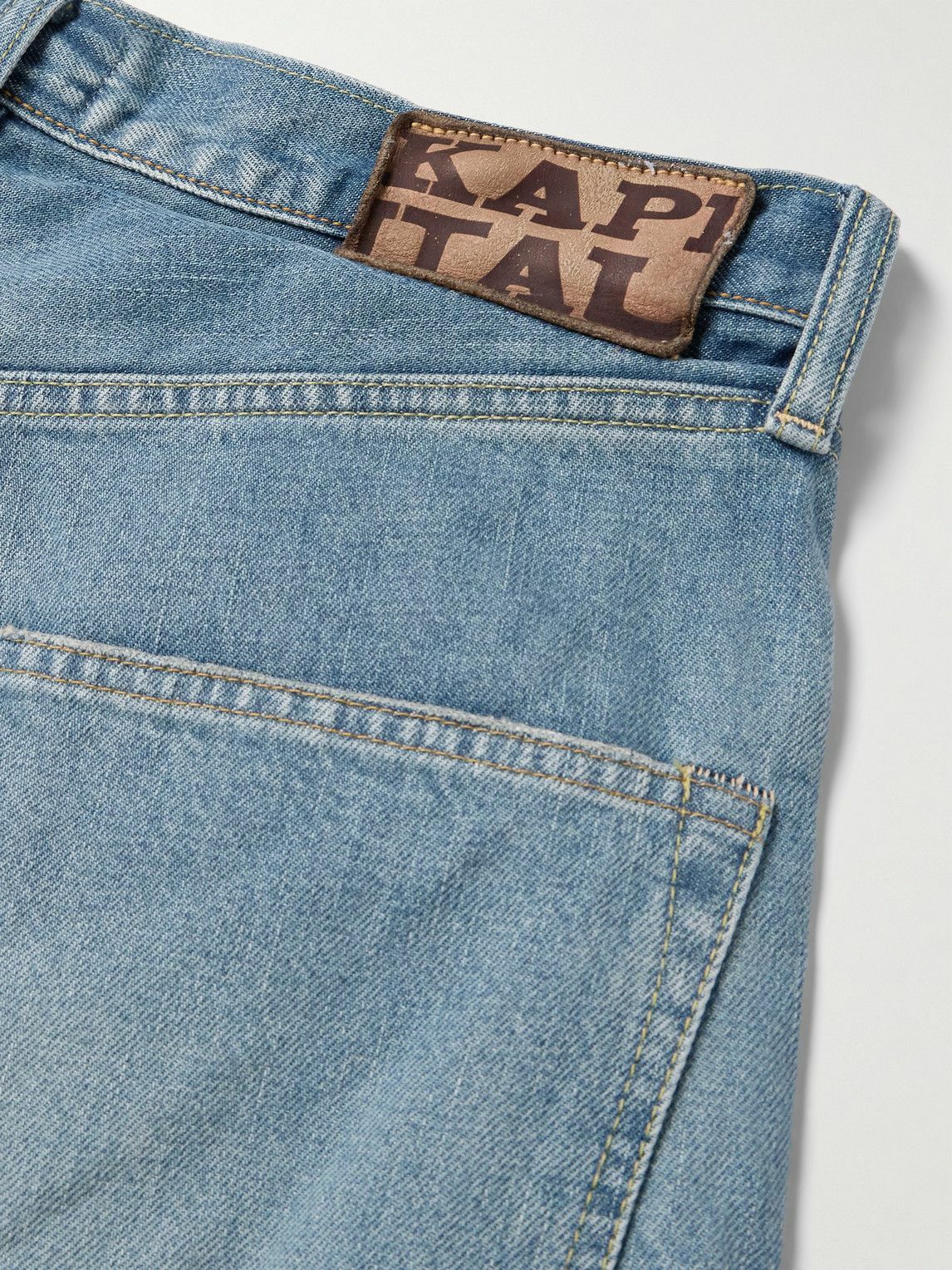 KAPITAL - Straight-Leg Appliquéd Distressed Denim Shorts - Blue