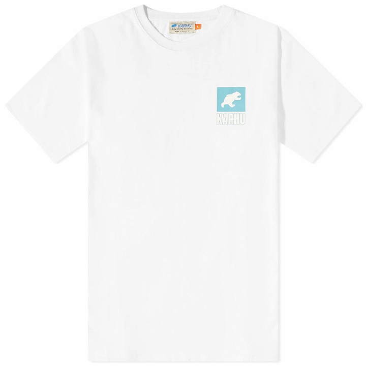 Photo: Karhu Men's Sport Bear Logo T-Shirt in Bright White/Reef Waters