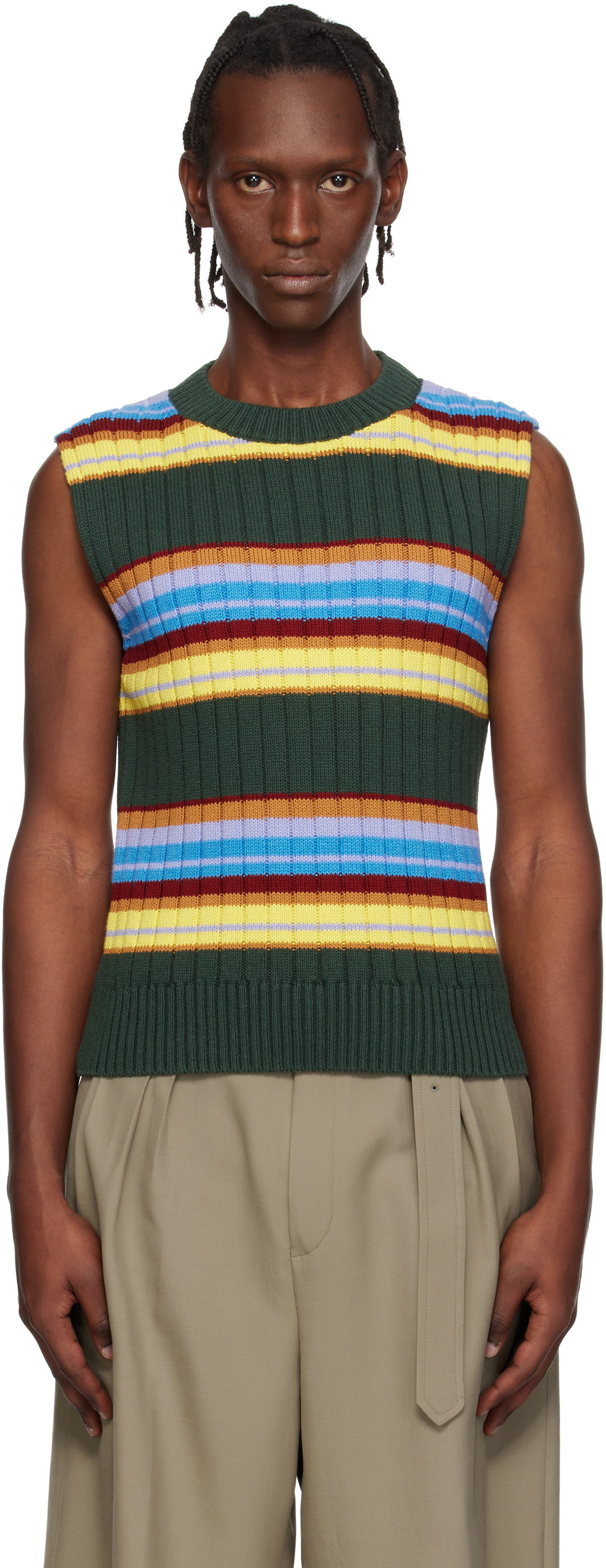 Dries Van Noten Green Striped Sleeveless Sweater