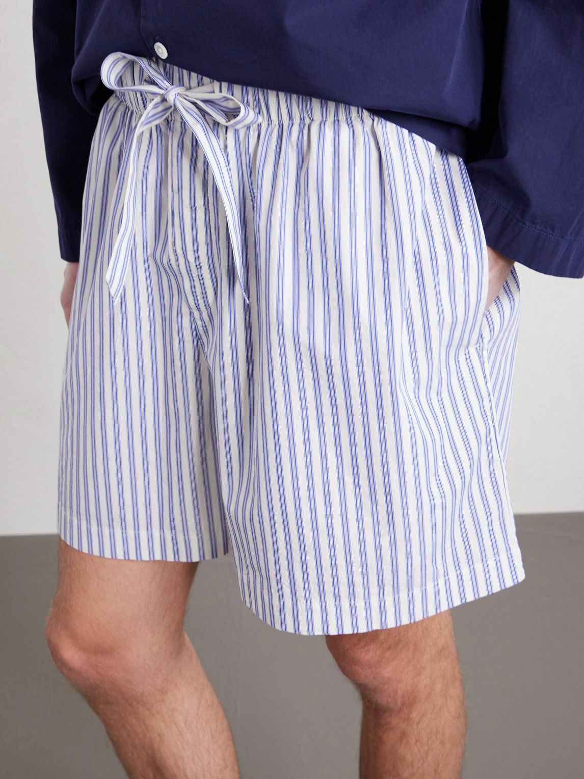 TEKLA - Straight-Leg Striped Organic Cotton-Poplin Shorts - Blue
