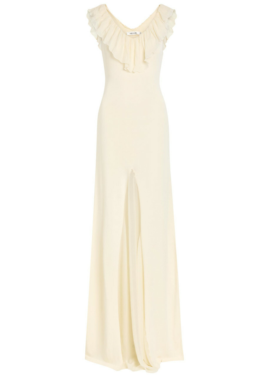 Aya Muse Rowan Ruffled Fine-knit Maxi Dress White