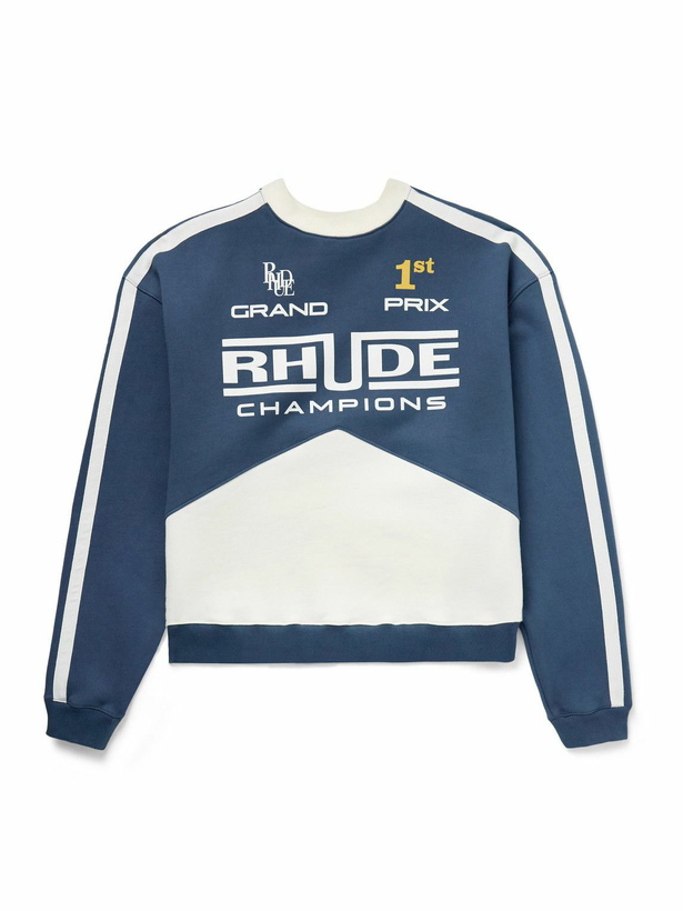 Photo: Rhude - Champions Grosgrain-Trimmed Logo-Print Cotton-Jersey Sweatshirt - Blue