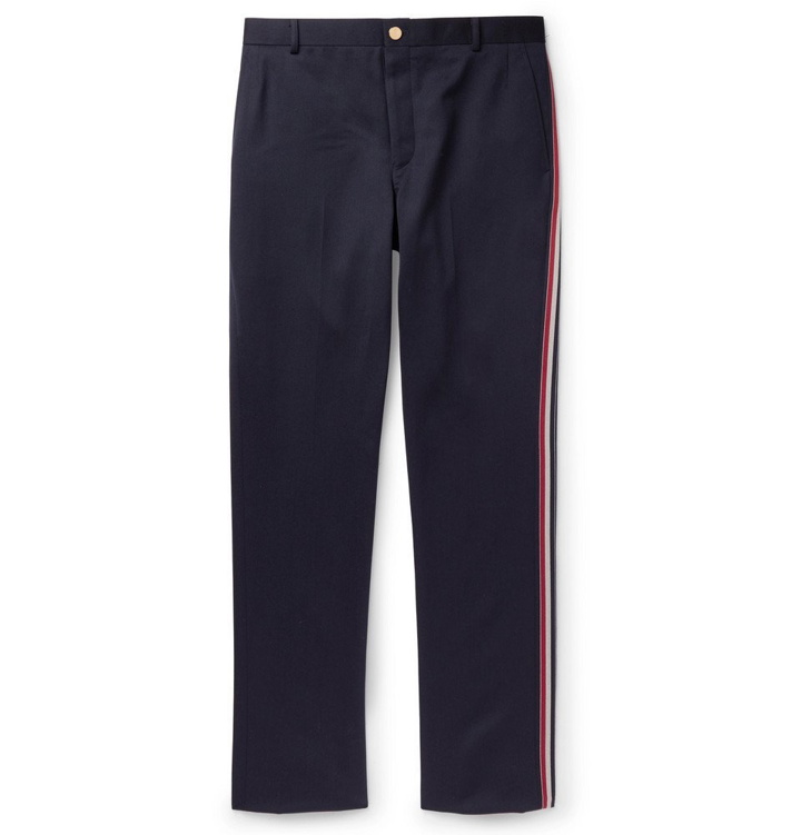 Photo: Thom Browne - Navy Tapered Striped Wool and Cotton-Blend Trousers - Men - Navy