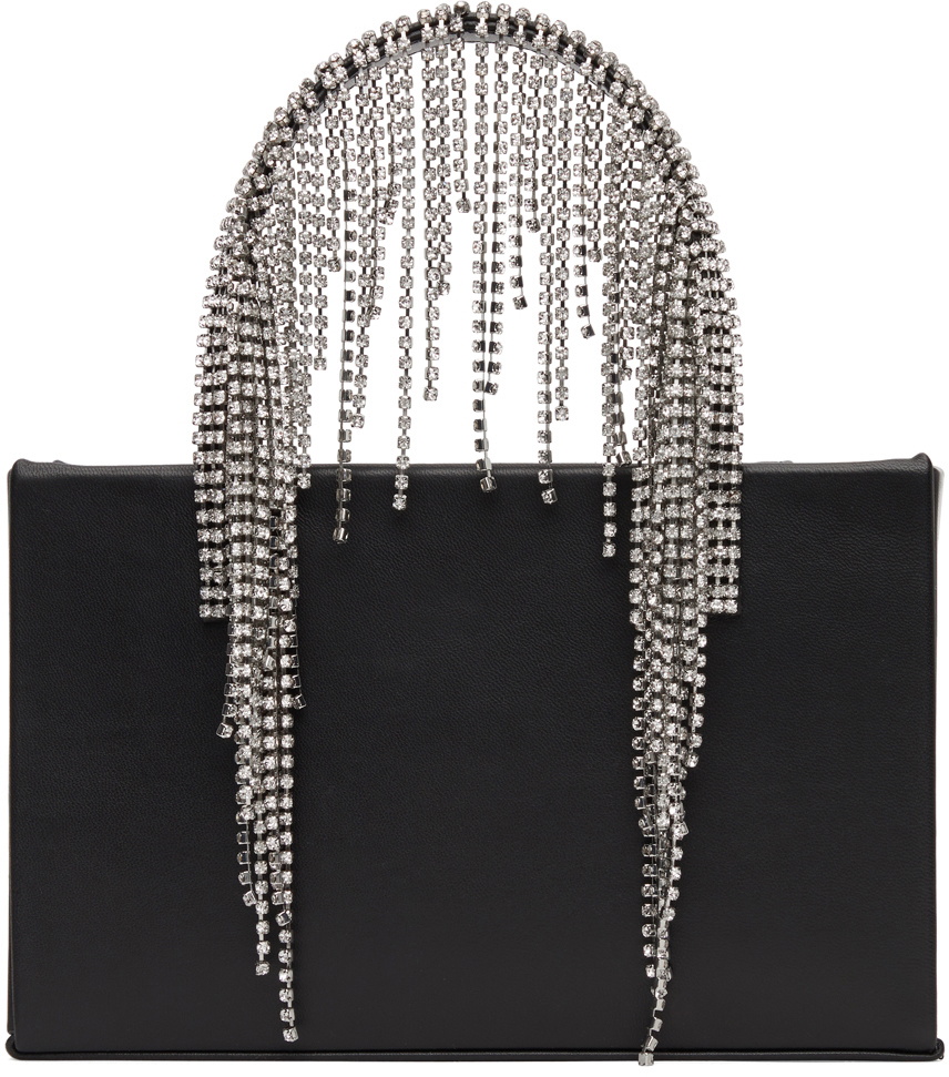 Midi Crystal Fringe Tote in Black Leather