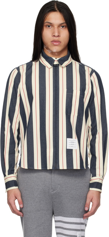 Photo: Thom Browne Navy & White Stripe Seersucker Zip Shirt