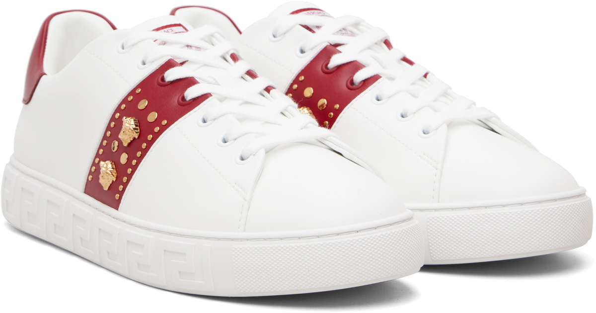 Versace White & Red Greca Embellished Faux-Leather Sneakers