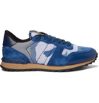 Valentino - Valentino Garavani Rockrunner Camouflage-Print Mesh, Leather and Suede Sneakers - Blue