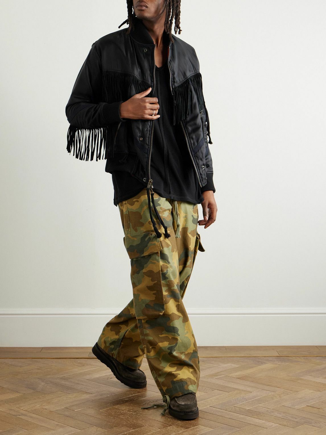 Greg Lauren - Black Tails Slim-Fit Fringed Suede-Trimmed Shell Bomber Jacket - Black