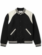 CELINE - Teddy Striped Colour-Block Leather-Trimmed Virgin Wool-Blend Varsity Jacket - Black