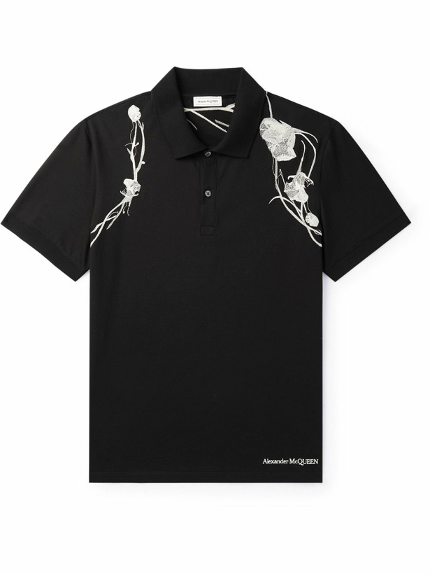 Photo: Alexander McQueen - Pressed Flower Harness Embroidered Cotton-Jersey Polo Shirt - Black
